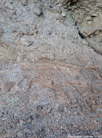 Détail d'une surface rocheuse fraiche (à l'intérieur d'un taffoni) dans le niveau intermédiaire de la formation de la Serre, rocher de Roquebrune (Var)