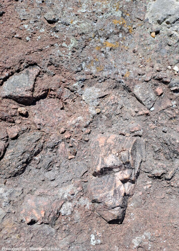 Détail du conglomérat basal de la formation de la Serre à l'Est du rocher, dans le village historique de Roquebrune-sur-Argens (Var)