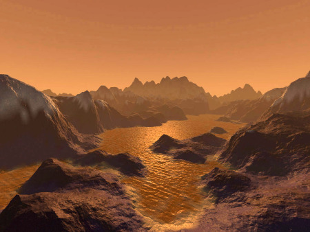 Vue d'artiste d'un bord de lac sur Titan, avec côte découpée, archipel d'îles…