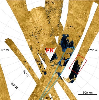 Mosaïque des bandes radar couvrant la région du pôle Nord de Titan, satellite de Saturne