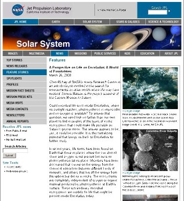 Le début du "Nasa News" évoquant « un monde de possibilités » quant à une vie sur Encelade et sur les autres satellites de Saturne