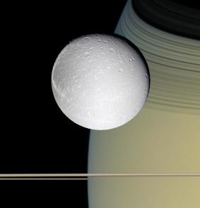 Dioné, Saturne "rayé" par l'ombre des anneaux, et les anneaux vus par la tranche