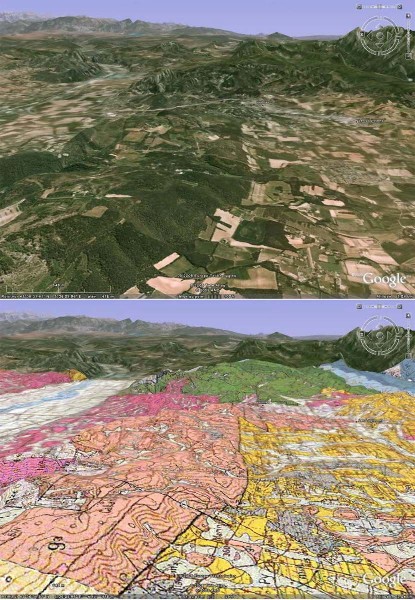 Gros plan sur la partie orientale de la faille de la Trévaresse (au centre des images), en vue oblique avec carte géologique