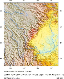 Localisation du séisme du Sichuan (Chine), 12 mai 2008