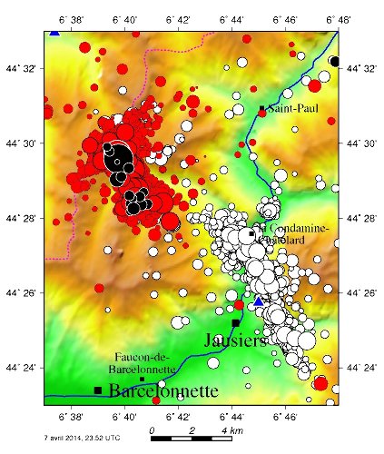 Positions des épicentres des séismes de deux "essaims de séismes" récents de l'Ubaye (Alpes de Haute-Provence, entre Briançon, au N, et Barcelonnette, au S)