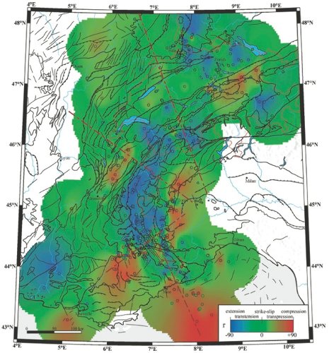 Carte interpolée du champ des déformations sismiques dans les Alpes, obtenue à partir des mécanismes focaux