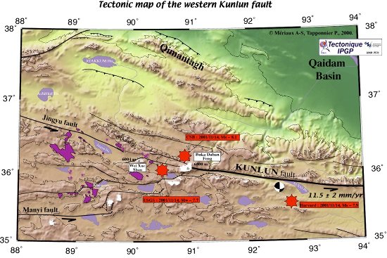 Les failles actives et volcans récents dans la région du décrochement sénestre du Kunlun (Mériaux et al., 2000)