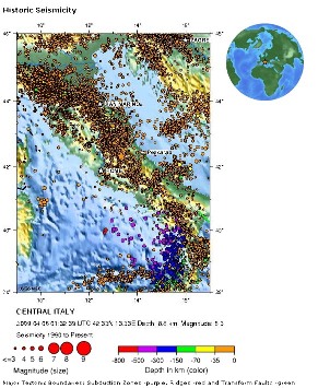 Carte de la séismicité historique en Italie, sur le site de l'USGS