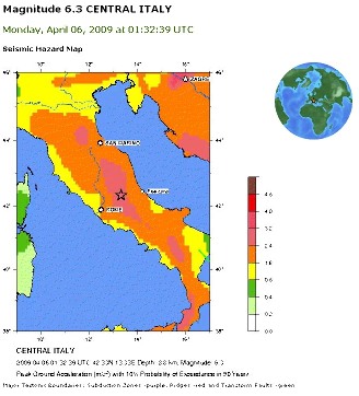 Carte des aléas sismiques en Italie, sur le site de l'USGS
