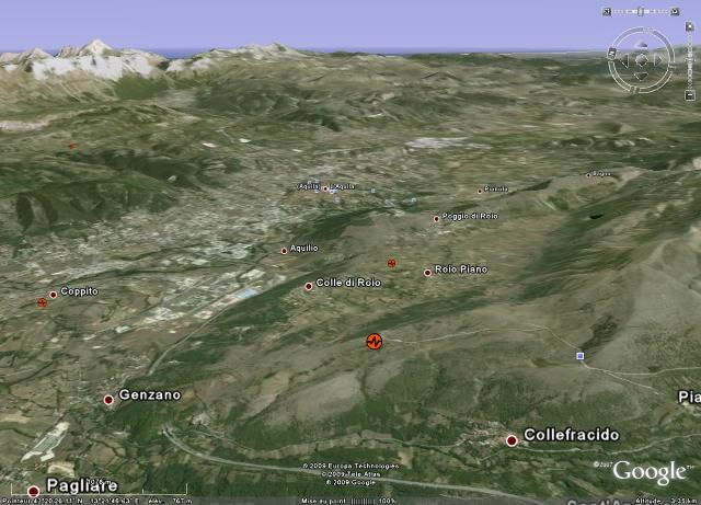 Localisation via Google earth de l'épicentre (au centre de l'image) du séisme du 6 avril 2009, L'Aquila (Italie)