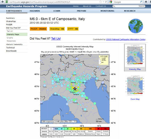Carte des intensités du séisme du 20 mai 2012, près de Camposanto (Italie)