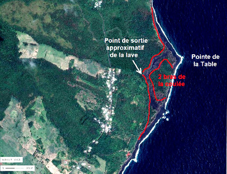 Vue aérienne annotée de la zone de la Pointe de la Table après l'éruption de 1986