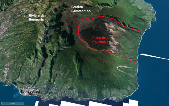 Vue 3D localisant le cratère Commerson, ile de La Réunion