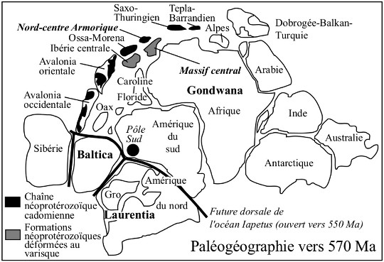 Carte paléogéographique montrant la place de la Massif Central et de Massif Armoricain dans la marge Nord du méga-continent Pannotia