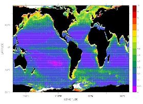Contenu en chlorophylle des eaux de surface déduite de la couleur de la mer mesurée par satellite (carte SeaWifs)