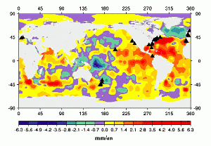Variations du niveau de la mer calculées à partir de la température des 3000 premiers mètres (cf Figure 7), sur la période 1955-1996