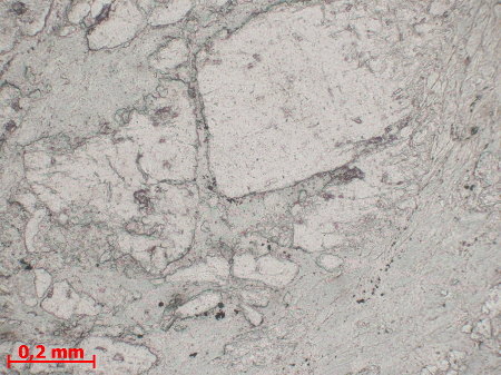 Détail d'un porphyroclaste de plagioclase microfaillé, LPNA