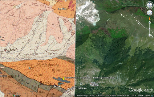 Localisation et géologie (quand disponible) du massif péridotitique (lherzolithique) de Bestiac, au Sud de la carrière de talc de Trimouns