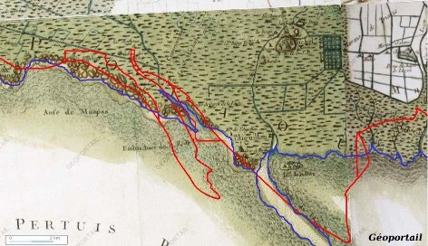 Report sur la carte de Cassini du tracé de côte actuel (rouge) par rapport à la côte du XVIIIème siècle (renforcée en bleu)