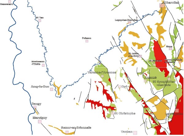 Carte des affleurements de calcaires à entroques (en beige) et des grès du Rhétien (en vert clair) en Brionnais