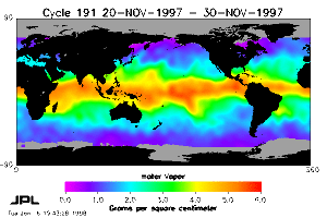 Carte de la teneur atmosphérique en vapeur d'eau au-dessus des océans (en grammes par m2)