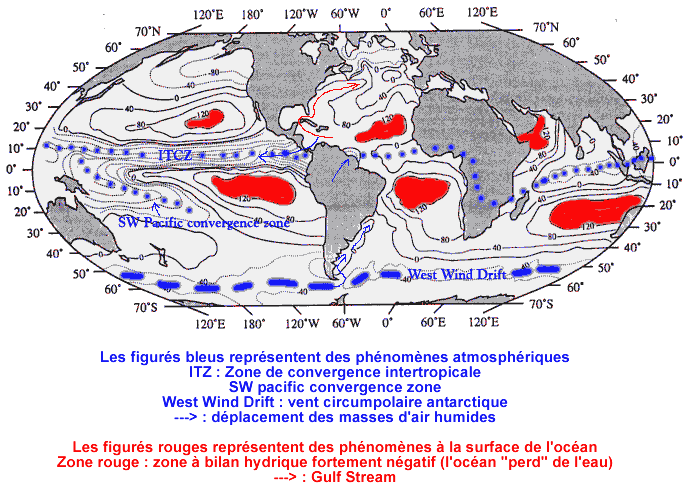 Bilan évaporation-précipitation à la surface des océans (en cm/m2)