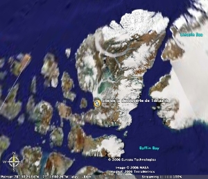 Localisation du site de découverte de Tiktaalik rosae, sur l'île d'Ellesmere, dans l'arctique canadien