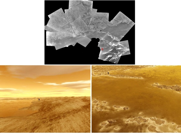 Vue verticale et reconstitutions 3D d'une région de Titan à proximité du site d'atterrissage de Huygens