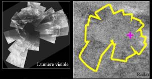 Comparaison entre les images prises par Huygens pendant sa descente (à gauche) et l'image radar (à droite, même échelle) prise en octobre 2005