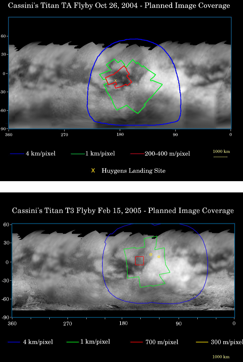 Localisation et résolution des zones imagées sur Titan en octobre 2004 et en février 2005