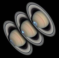 Saturne, superposition d'images en UV et d'images en lumière visible