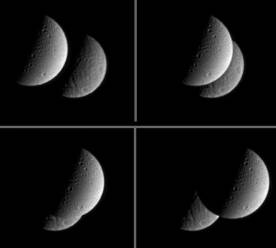 Une éclipse de Rhéa (arrière plan) par Dioné (premier plan) le 20 février 2005