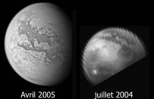 Comparaison des vues de Titan de juillet 2004 et avril 2005 du même secteur