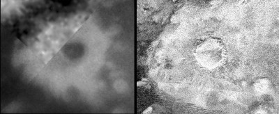 Comparaison image IR (gauche) / image radar (droite) d'un cratère de météorite sur Titan
