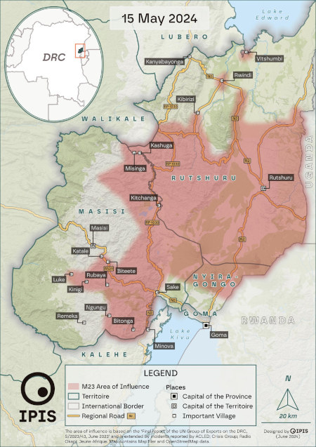 En rouge, zone sous influence du M23, aux frontières de la RDC avec le Rwanda et l'Ouganda