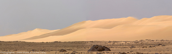 Couloir interdunaire parsemé de blocs rocheux de taille variable dans le désert libyque