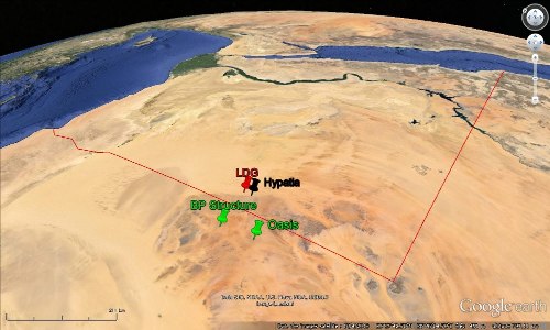 Localisation de la zone la plus riche en LDG (en rouge), du point où a été trouvé Hypatia (en noir) et des deux cratères avérés de la région (en vert), cratères (Oasis et BP Structure) sans lien probable avec le verre libyque