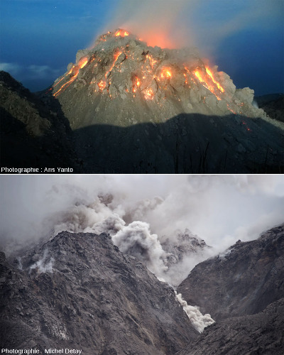 Le dôme du Paluweh (Rerombola) en cours de croissance (en haut) et en train d'émettre un courant de densité pyroclastiques (CDP) qui dévale une vallée (en bas)