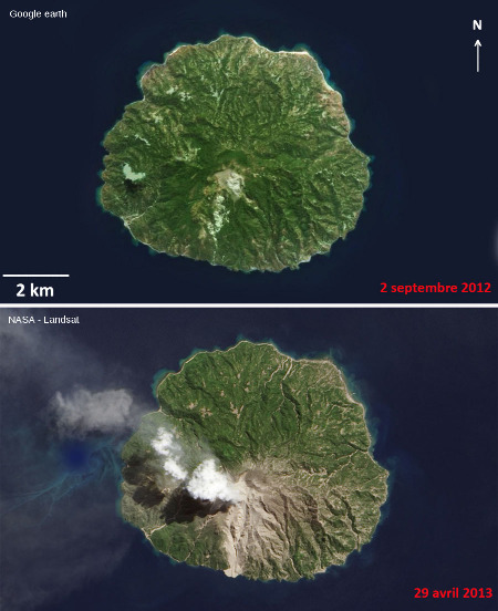 L'île de Palu'e vue de satellite avant (septembre 2012) et pendant (avril 2013) l'éruption