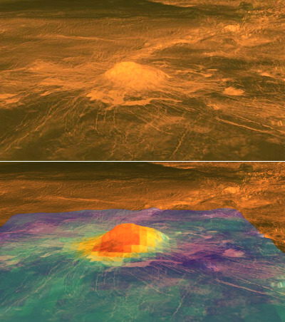 Le volcan Idunn Mons dans la région Imdr, Vénus : vue 3D et vue colorisée selon l'émissivité IR