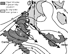 Carte schématique présentant l'orientation de l'amincissement crustal eo-oligocène dans le Nord du Massif Central (1) et l'orientation de l'anomalie thermique dans le Sud (2)