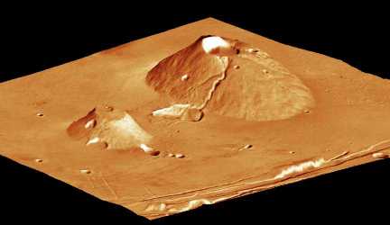 Vue 3D de Ceraunius Tholus (à droite) et Uranius Tholus (à gauche)