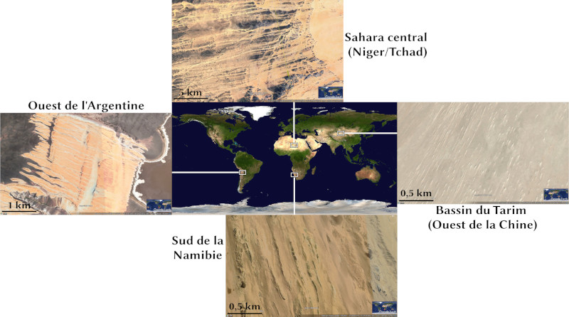 Quelques mégayardangs à travers le monde vus depuis l'espace