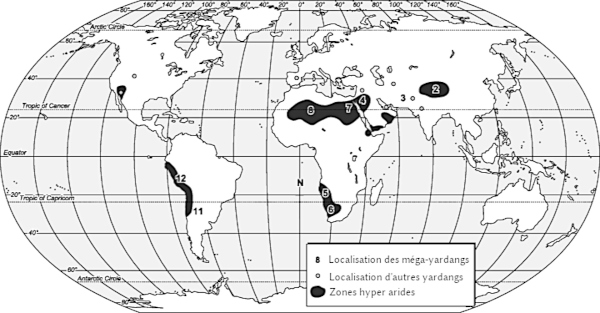 Localisation des méga- et mésoyardangs à la surface du globe