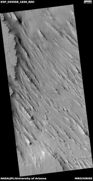 Yardangs près du Gordii Dorsum (Medusae Fossae Formation, région d'Amazonis) à la surface de Mars