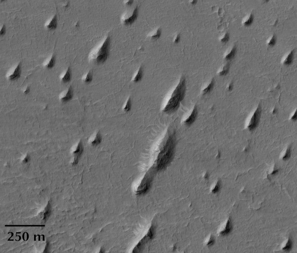 Détail sur les yardangs au sein d'un cratère de la région Arabia Terra, à la surface de Mars