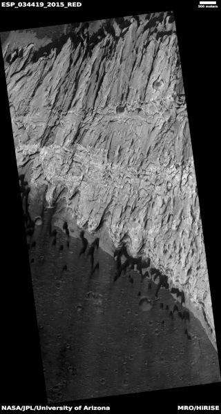 Yardangs au sein du cratère Becquerel (région Arabia Terra), à la surface de Mars