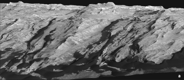 Yardangs, vus en perspective, au sein du cratère Becquerel (région Arabia Terra), à la surface de Mars