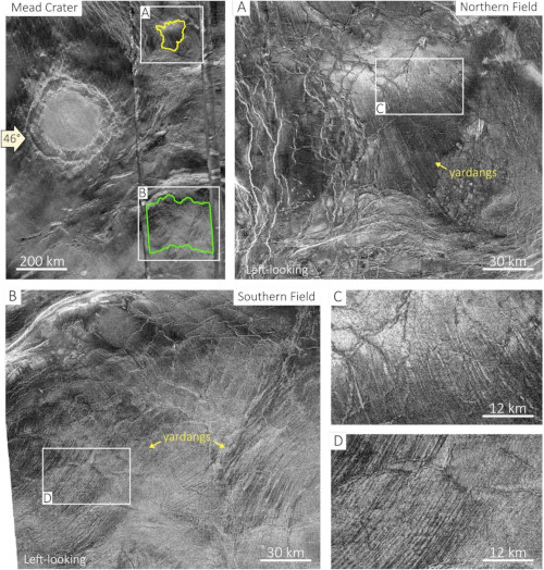 Les yardangs à proximité du cratère Mead (Ovda Regio) à la surface de Vénus